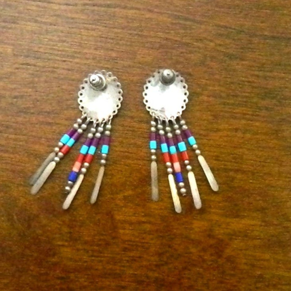 Navajo Pierced Earrings Necklace Set Sterling Silver Turquoise Vintage - Picture 13 of 14